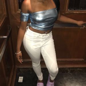 Blue metallic crop top off the shoulder